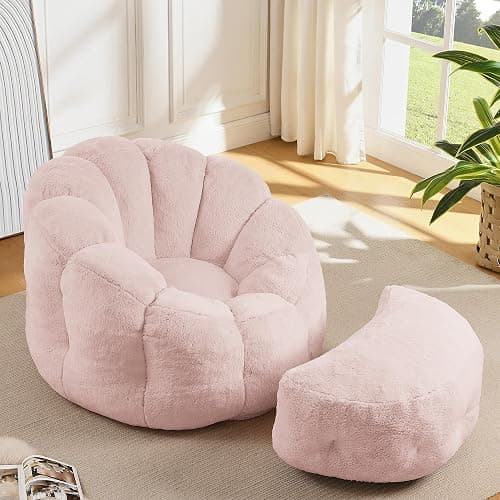 Bean Bag Chair with Ottoman, Pink Flower Bean Bag Chairs for Adults and Teens, Comfy Plush Faux Fur Reading Chair for Living Room, Bedroom, Apartment, Dorm thumbnail 3