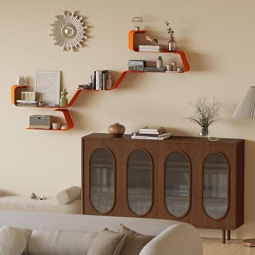 Sttoraboks Floating Wall Shelves Set of 3, Metal Mounted Shelf with Unique Design, Bookshelf for Storage & Display in Bathroom, Bedroom, Kitchen, Living Room, Orange Home Decor thumbnail 2