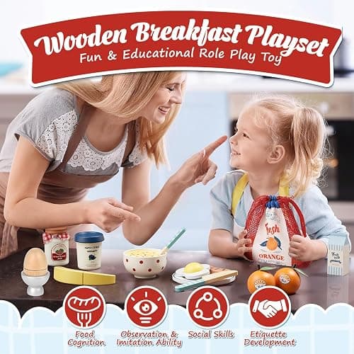 Lehoo Castle Wooden Play Food Set - Montessori Cutting Fruit Egg Bread, Pretend Breakfast Food Toys for Kids Kitchen, Educational Toddler Toys 3-5 Years, with Storage Bag, Birthday Gift for Boys Girls thumbnail 3