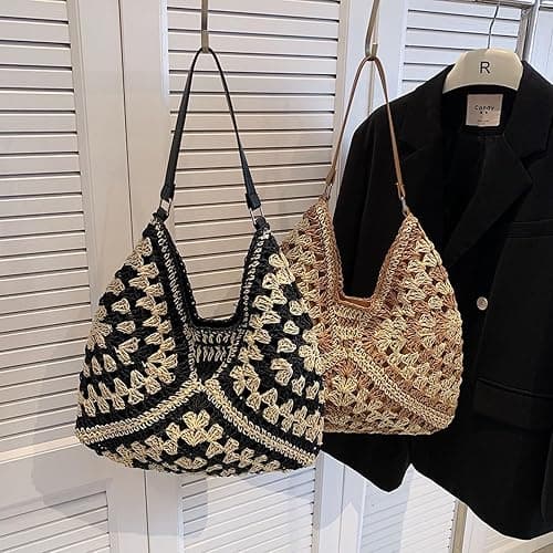 Straw Hobo Bag for Women 2026 Boho Woven Beach Purse Large Summer Straw Tote with Lining Black Raffia Shoulder Bag | straw material thumbnail 3