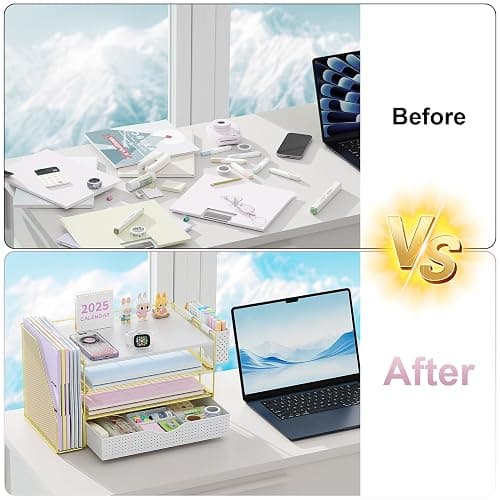 gianotter Wood Desk Organizers and Accessories with File Holder, 4-Tier Desk Accessories & Workspace Organizers with Drawer and Pen Holder, Desk Reference Organizer (Gold, 4T with Drawer) thumbnail 4