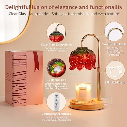 Strawberry Candle Warmer Lamp with Timer - Adjustable Height with Dimmable Warmer Lamp for All Candle Jars - Cute Strawberry Decor Gifts for Birthday Valentine Day for Women - Aesthetic Room Decor thumbnail 8
