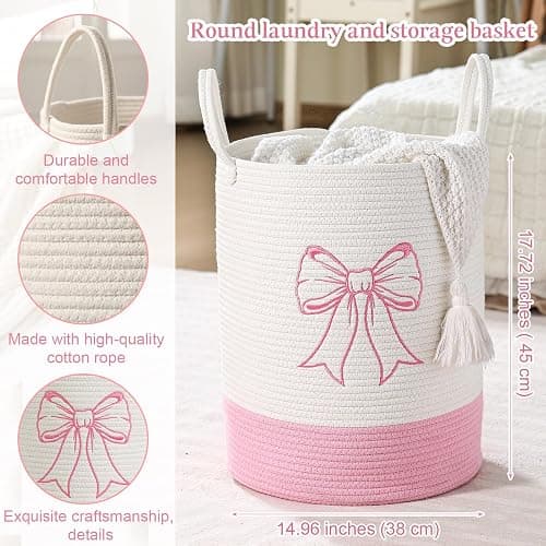 Honeydak Pink Bow Cotton Rope Laundry Basket Hamper Large Laundry Basket Hamper Coquette Bow Room Decor for Girls Girly Nursery Storage Bin Tall Round Organizer for Blanket Toys Clothes thumbnail 2