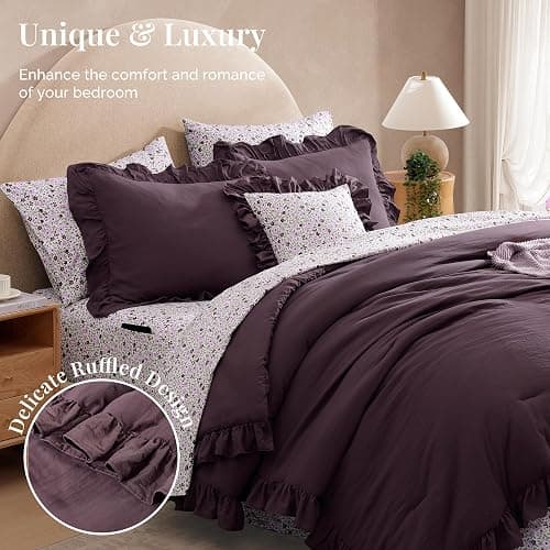 BLOOMHAVEN Full Comforter Set - 7 Pieces Ruffle Purple Bedding Sets, Shabby Chic Farmhouse Bed in a Bag Full with Ruffle Comforter, Floral Sheets, Pillowcases & Shams thumbnail 2