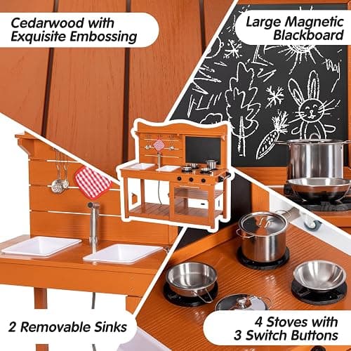 BRINJOY Outdoor Mud Kitchen Playset for Kids with Spray Pipe | Wooden Pretend Play Kitchen Set with Removable Sinks, Blackboard, Kitchenware, Stove,Backyard Garden Kitchen thumbnail 4