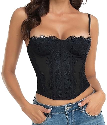 Raxnode Lace Bustier Corset Tops for Women - Sexy Going Out Party Club Top with Buckle - Black - Medium