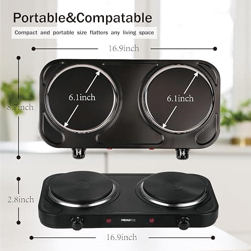 MIOAOTCE Countertop Double Cast Iron Burner 1800 Watts Electric Hot Plate with Adjustable Temperature 6.1" Cooktop for Dorm, Office, Home, Camp, Compatible for All Cookwares thumbnail 2