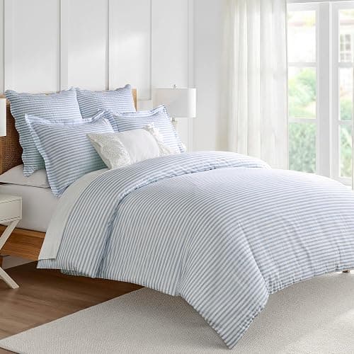Levtex Home Martha Stripe Blue Reversible Full/Queen Comforter Set (90x94in) with 2 Pillowcases (26x20in) - Stripe Bedding - Blue, White - Cotton Queen Size Comforter Set - Lofty, Soft, Pre-Washed - Image 1