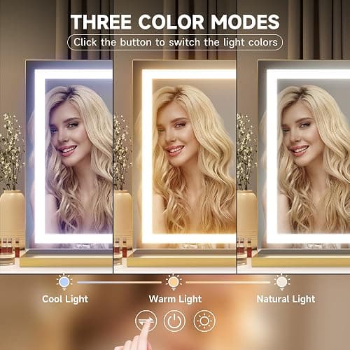 Hasipu Vanity Mirror with Lights, 32" x 20" LED Makeup Mirror, Lighted Makeup Mirror with Dimmable 3 Modes, Touch Screen Control Vanity Mirror Square Gold thumbnail 3