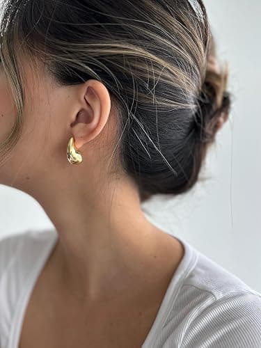PAVOI 14K Gold Plated 925 Sterling Silver Post Teardrop Chunky Hoop Earrings - Lightweight Drop Earrings for Women - Designer Dupe thumbnail 4