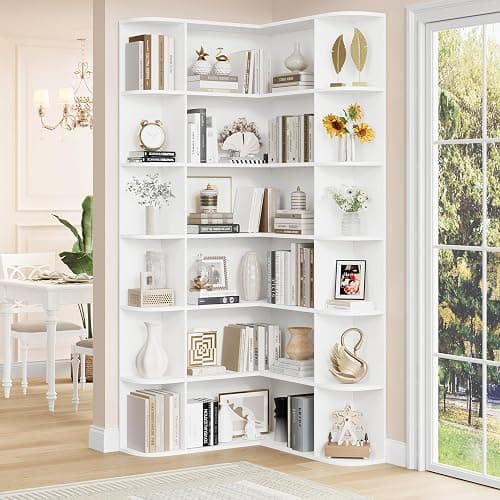 FOTOSOK 74” Tall Corner Bookshelf, 6-Tier Bookshelf and Bookcase with Open Storage, L Shaped Tall Bookcases Wooden Storage Shelves for Home Office, Thickened Boards for Better Load Bearing, White thumbnail 3