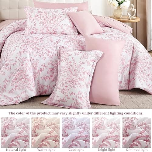 WONGS BEDDING King Size Comforter Set, 8 Pieces Pink Floral Bed in a Bag Comforter Sets, Botanical Print Soft Fluffy Microfiber Complete Bedding Sets for All Season (90"x104") thumbnail 8