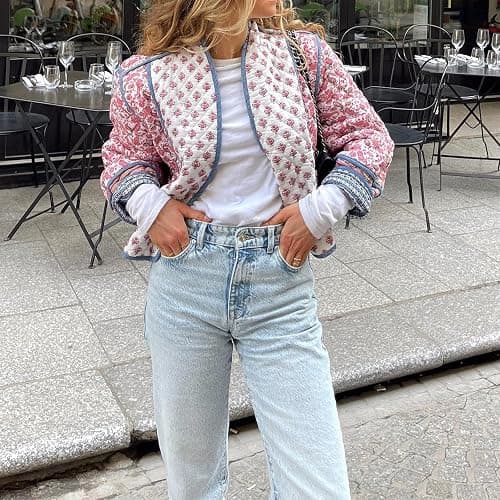 Duyang Women's Cropped Puffer Jacket Lightweight Floral Printed Open Front Quilted Coat Winter Warm Outwear thumbnail 3
