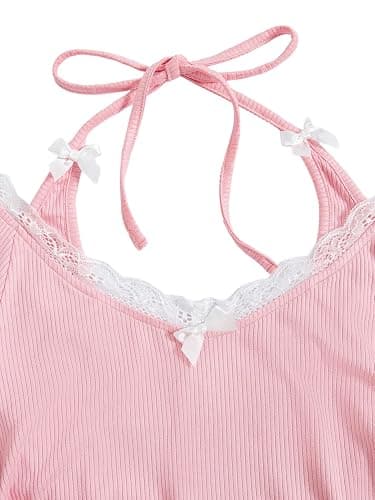 Verdusa Women's Contrast Lace Halter Neck Lettuce Trim Casual Crop Tee Tops thumbnail 5