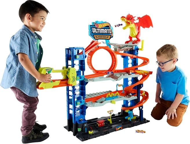 Hot Wheels City Ultimate Garage Track Set with 2 Die-Cast Toy Cars & Car-Eating Dragon, Stores 50+ Vehicles, 4 Levels - Image 1