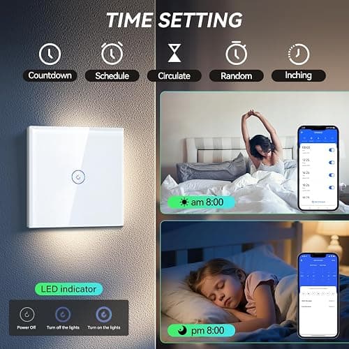 BSEED Smart Light Switch,Compatible with Alexa and Google Home,1 Gang 1 Way WiFi Touch Switch,2 Way or Multi-Way Control by SmartLife APP,White Alexa Switch with LED Indicator Light-Neutral Wire Need thumbnail 6