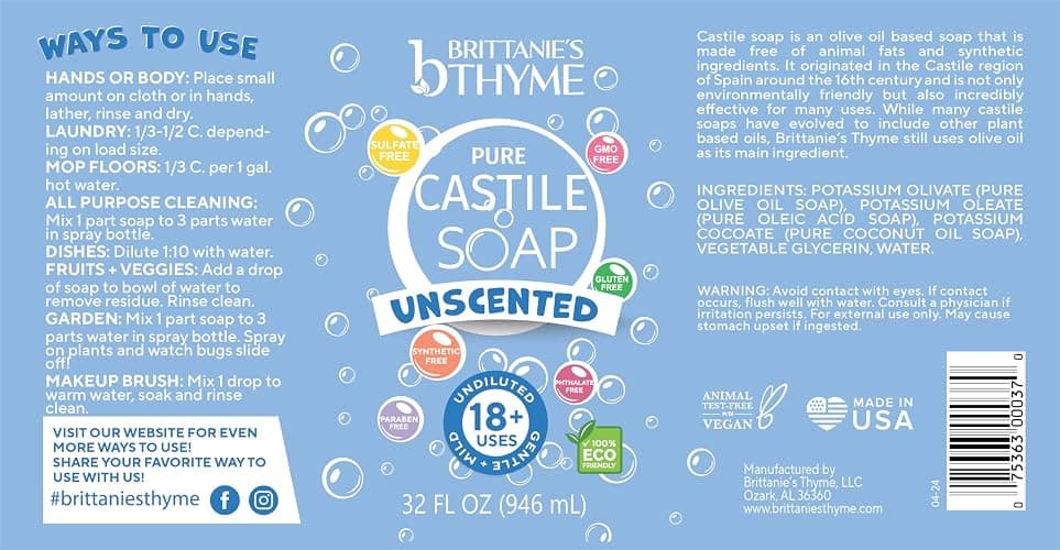 Brittanie’s Pure Castile Liquid Soap Refill, Unscented, 32 Ounce Pack of 2 | Dish Soap, Hair & Body, Home, Gentle and Pure, Made with Natural Luxurious Oils, Vegan & Gluten Free Non-GMO thumbnail 2