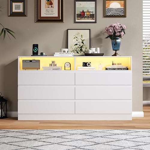 STIKELY Drawer Dresser for Bedroom with Power Outlet, Black Dressers with LED Light, Dresser Chest of Drawers for Closet,Wood Dressers Organizer Cabinet (White 6 Drawers) thumbnail 9