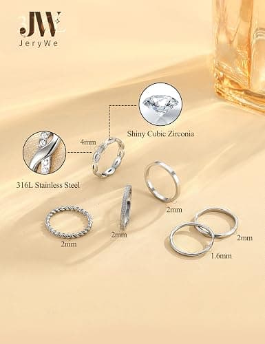 JeryWe 6 Pcs Stainless Steel Rings for Women Set Knuckle Rings Stackable Simple Carve Heart Wedding Bands Engagement Promise Eternity Bands Thumb Rings for Women thumbnail 7