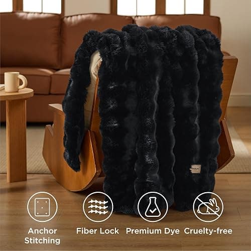 Bedsure GentleSoft Fluffy Faux Fur Throw Blanket for Couch, Soft Fuzzy Bubble Blanket Home Decor Gifts for Bedroom Living Room, Thick Warm Furry Cozy Gifts for Women, Black, 50x60 Inch thumbnail 7