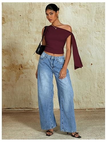 Milumia Women's One Off The Shoulder Tank Tops Asymmetrical Going Out Top | Ruched, Tie Side, Fitted, Workwear, Business Casual, Trendy, Date Night, Sleeveless Tee Tops thumbnail 5