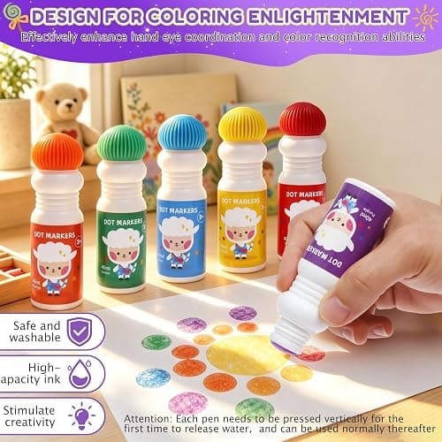 GWCYMYD 6 PCS Washable Dot Markers 40 ml Water Based Ink(Style 1) | 6 Colours Paint Bingo Dabbers Art Set, Chunky Sponge Tip, for Creative Art Crafts Educational Projects & Family Activities thumbnail 3