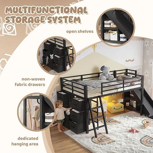 Bellemave Twin Size Loft Bed with 7 Non-Woven Fabric Drawers, Shelves and Wardrobe, Twin Loft Bed with Detachable Slide and Ladders, Low Profile Loft Beds with Lights, Noise Reduced Design Black thumbnail 4