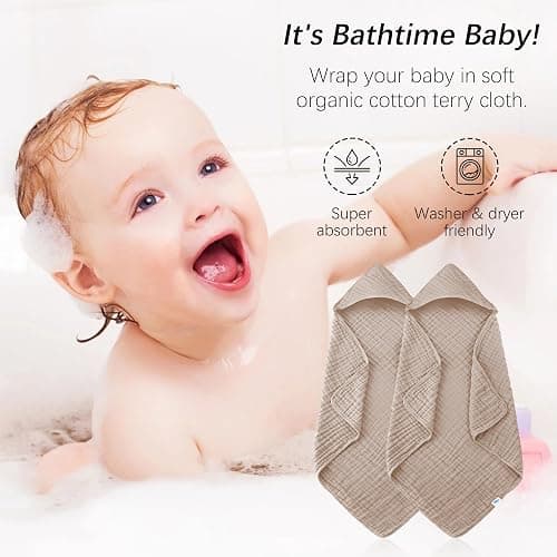 SWEET DOLPHIN Muslin Hooded Baby Bath Towels - 2 Pack 100% Cotton Towel for Babies, Infants, Toddlers - 32x32Inch - Highly Absorbent and Newborn Essential, Brown - Brown - 32 x 32 Inch （Pack of 2） thumbnail 3
