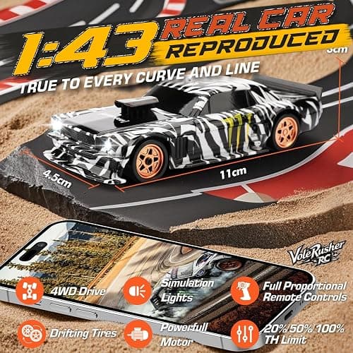 VoleRusher RC [2025 New Upgrade 1/43 Scale Mini RC Drift Car with Gyroscope, Toys for Age 8-14 Old Birthday Gifts Micro Small with Full Proportional RTR 2.4GHz Remote 2 Tire Sets 8 Cones - Camouflage thumbnail 2