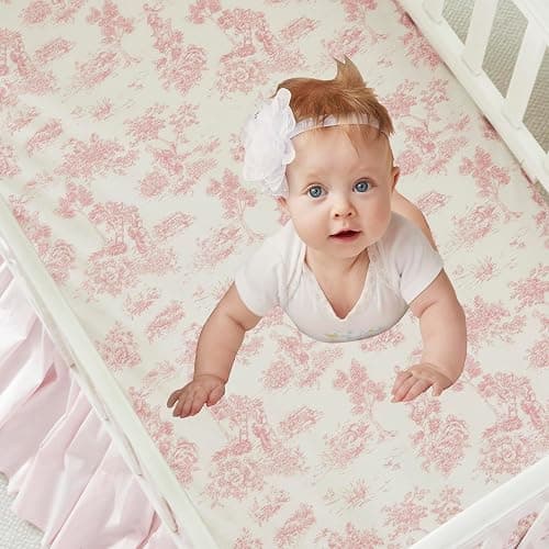 Brandream Baby Crib Sheets for Girls Boys, Fitted Crib Sheet for Standard Crib and Toddler Mattress, Super Soft 100% Cotton Baby Sheet French Country Pink Toile Floral Print, Crib/Toddler thumbnail 3