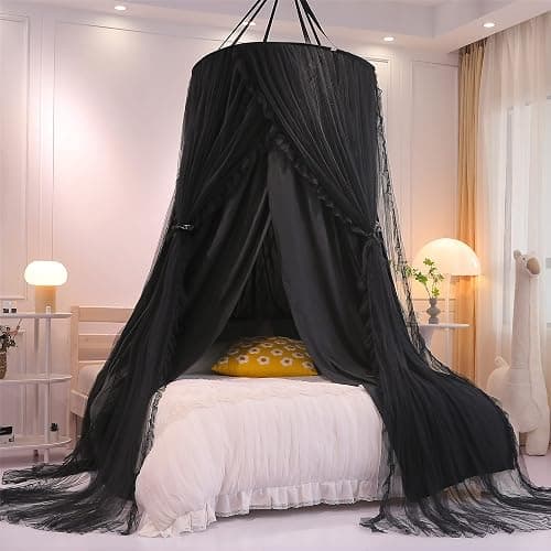 VETHIN Double Layer Princess Round Dome Canopy Bed Curtain for Girls Adults,Children Dreamy Mosquito Net,Cute Bedroom Decoration Castle Play Tent Reading Nook Canopies(Dome-Double Black) thumbnail 2