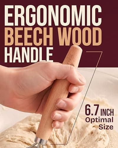Superbaking Danish Dough Whisk - 12" Bread Whisk for Dough Mixing - Single Eye Design Sourdough Whisk - Sourdough Bread Baking Supplies - Bread Making Tools and Accessories - Ergonomic Wooden Handle thumbnail 4