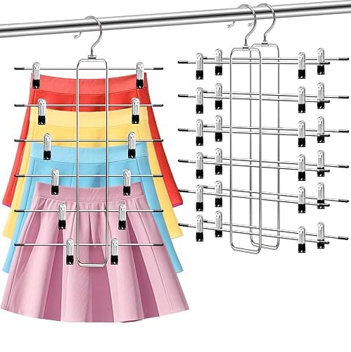 Closet-Organizers-and-Storage,6 Tier Pants-Hangers-Space-Saving,Skirt-Hangers with Clips for Closets Organizer,College-Dorm-Room-Essentials,2 Pack Closet Storage Clothes Shorts Jean Hanger - 2 Pack-silver