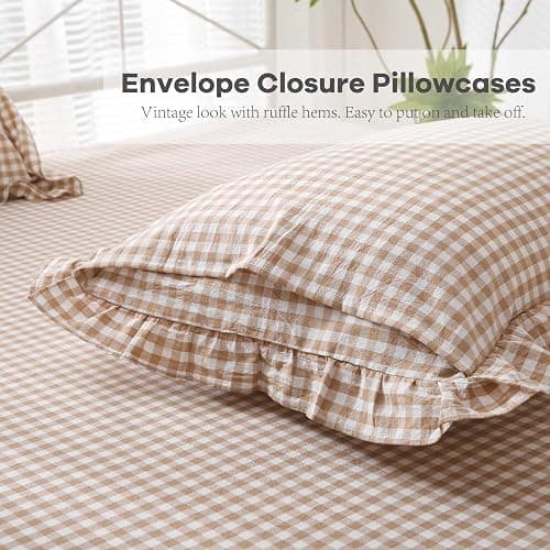 K MASANIJI Taupe White Plaid Ruffle Sheets Queen Size 4-Piece Set, 300TC 100% Yarn Dyed Washed Cotton Checker Sheets 18'' Deep Pocket Farmhouse Gingham Decorative Bedding（Taupe/White Plaid, Queen） thumbnail 7