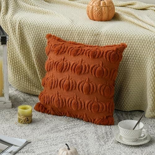 AVOIN colorlife Fall Pumpkin Caramel Throw Pillow Covers, 18 x 18 Inch Seasonal Autumn Thanksgiving Harvest Decoration Soft Plush Faux Fur Jacquard Cushion Case Decoration for Sofa Couch Set of 2 thumbnail 6
