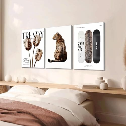 3Pcs Framed Trendy Leopard Print Canvas Wall Art Picture Stylish Female Aesthetic Poster Cheetah Printed Preppy Fashion Skateboard Wall Decor for Bedroom Apartment Dorm Living Room 12x16in thumbnail 4