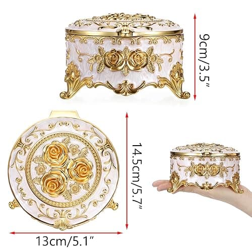 Hipiwe Round Jewery Box Metal Trinket Organizer Decorative Keepsake Box for Trrasure Ring Earring Holder Vintage Jewelry Display Case, Beige, 5.7" L x 5.1" W x 3.5" H thumbnail 3