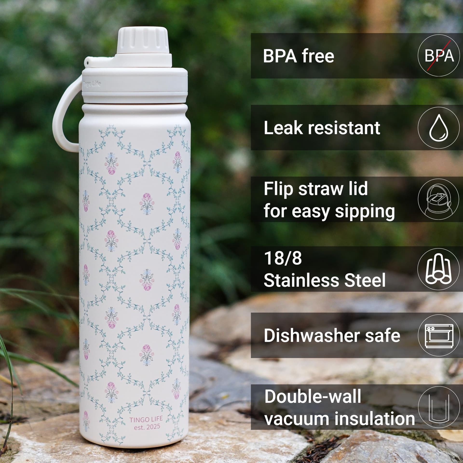 750ml Stainless Steel Insulated Tumbler with Handle and Straw Lid - Vintage Victorian Vine Design - Cream White Vacuum Water Bottle, Leakproof, Gifts for Women Girls thumbnail 2