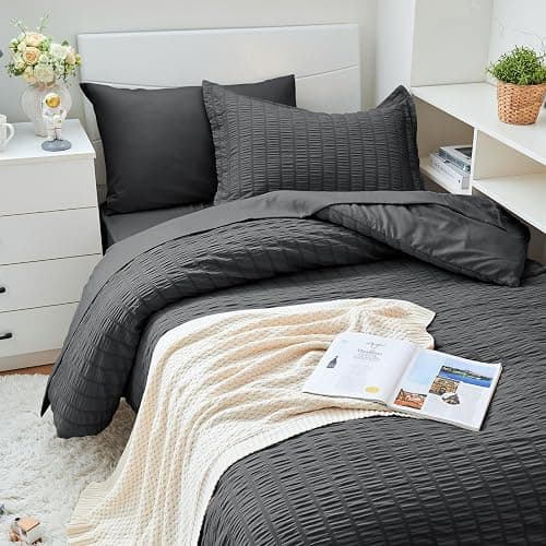 HYMOKEGE Twin XL Comforter Set Seersucker 5 Pieces, All Season Luxury Bed in a Bag for Bedroom, Bedding Set with Comforter, Sheet, Pillowcase & Sham, Dark Grey thumbnail 2