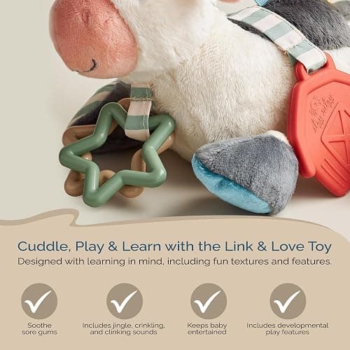 Itzy Ritzy Link & Love Toy for Stroller or Car Seat – Features Textured Ribbons, Crinkle Sounds, Clinking Rings & Silicone Teether – Designed for Ages 0 Months and Up (Cow) thumbnail 4