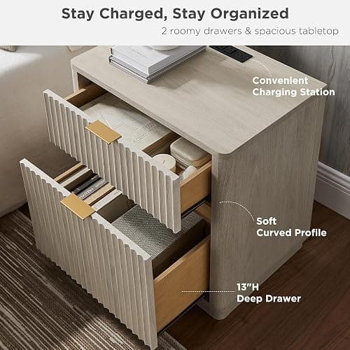 T4TREAM 23'' Fluted Nightstand Set of 2 with Charging Station, Large 2 Drawer Side Table, Modern End Table with Storage, Mid Century Bedside Table for Bedroom, Living Room, Curved Profile, White Alder thumbnail 4