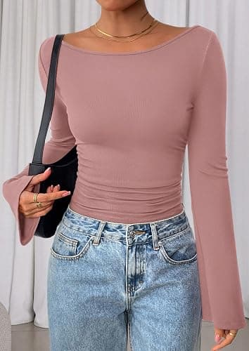 PRETTYGARDEN Women's Long Sleeve Shirts 2025 Fall Crop Going Out Tops Casual Boat Neck Bell Sleeve Ribbed Ruched Y2K Clothes thumbnail 4