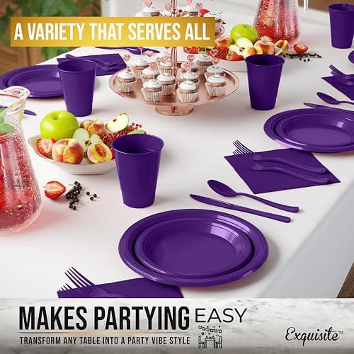 350 Pcs Purple Plastic Plates For Party, Purple Disposable Plates Set, 50 Of Each 9" Dinner Plate Set, 7" Dessert Plate, Cups, Napkins & Cutlery Plastic Dinnerware Set Exquisite thumbnail 2