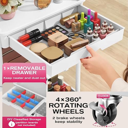 Goovilla Rolling Makeup Organizer Cart with Removable Drawer, 3 Tier White | Stable Floor Skincare Storage Cart for Vanity, Cosmetic Display, Nail Polish, Perfume, Hair Stuff, Beauty, Bathroom(Plastic) thumbnail 3