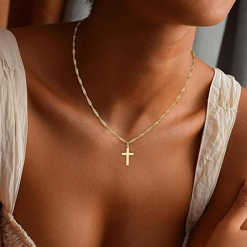 Fezodo Cross Necklace for Women Trendy - Dainty 18K Real Gold Plated Minimalist Cross Necklace Non Tarnish Waterproof Trendy Cute Simple Small Necklaces Easter Christian Religious Faith Jewelry Gifts thumbnail 3