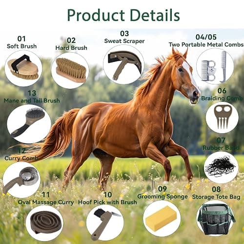 TERPUP Horse Grooming Kit 13 Piece, Horse Brushes for Grooming Supplies Set with Organizer Bag, Horse Brush & Curry Comb for Effective Cleaning, Gift for Horses Riders Beginners thumbnail 2