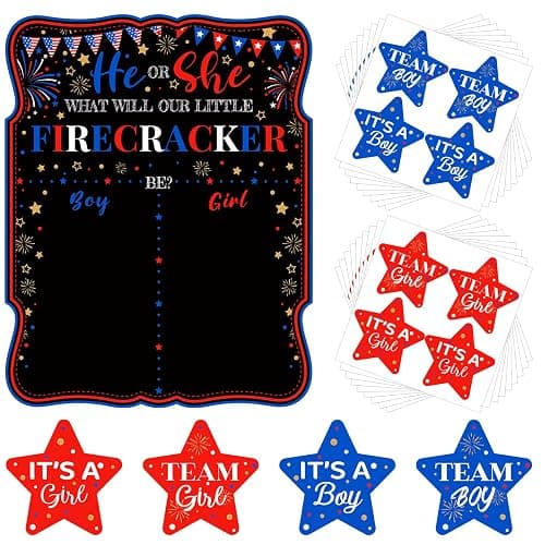 4th of July Patriotic Gender Reveal Poster Sign Party Supplies Decorations with 72 Pcs He or She Stars Firecracker Gender Reveal Sticker Labels for Summer Baby Shower Gender Reveal Decorations - Image 1