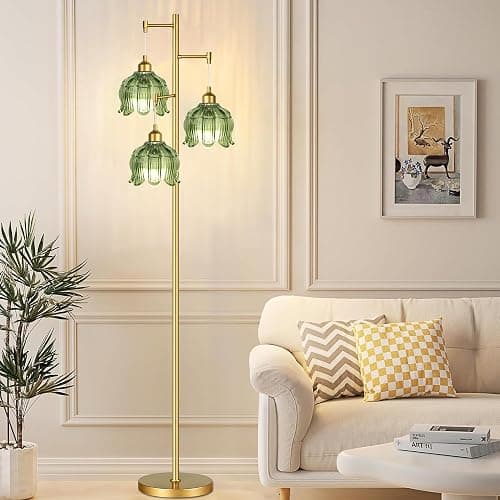 Vintage Floor Lamps for Living Room Bedroom-3 Light Glass Floor Lamp with Three Led Bulb, Flower Tall Floor Lamp Gold Mid Century Modern Standing Lamp Tree Floor Lamps for Living Room Bedroom Corner thumbnail 6