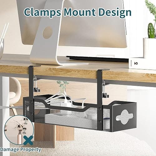 Litwaro Under Desk Cable Management Tray No Drill, 13.38'' Metal Wire Organizer with Clamp Mount for Standing Desk, Cord Management Box for Home Office – No Damage to Desk (Black) thumbnail 2