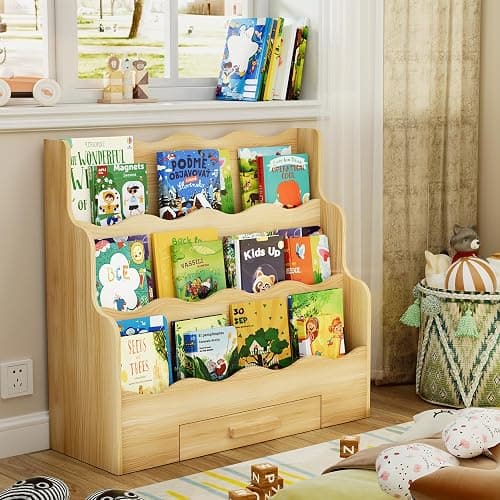 FIKSG 3-Tier Montessori Scalloped Kids Bookshelf with Drawer | 29.6" Wide Natural Wood Forward Facing Bookcase for Toddlers, Children's Book Display and Organizer for Playroom,Nursery thumbnail 3